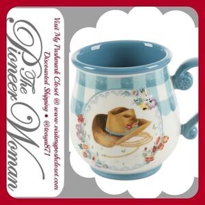 🦋 New  Pioneer Woman Novelty Cowboy Hat Floral Teal Blue Gingham 16-oz Mug